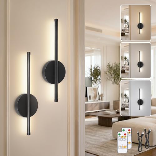 TaoFiaCo 40CM Applique da Parete a LED per Interni Ricaricabile Nero - Lampada da Parete con Telecomando 3 Temperature di Colore - Applique a LED Senza Fili con Batteria per Soggiorno 2 Pezzi