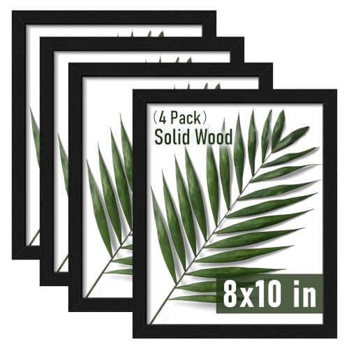 Image of 8x10 Picture Frame Set of 4, Solid Wood Frames, Black Woodgrain | Tabletop Display 8x10 Photos without Mat, Horizontal or Vertical Wall Mounting Poster Frame