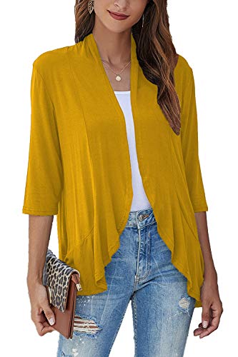 Image of Bluetime Women Casual Lightweight Open Front Cardigans Soft Draped Ruffles 3 /4 Sleeve Cardigan (S-3XL)
