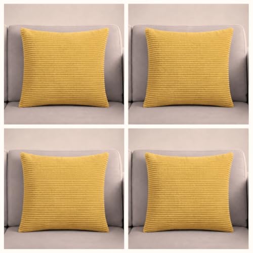 Image of Seechoo Set of 4 - Corduroy Ochre Sofa Cushion Covers 45 x 45 cm Decorative Pillows | Soft Ribbed Throw Pillow Covers for Sofa Cushions Couch Bed Living Room Home Decor 18x18