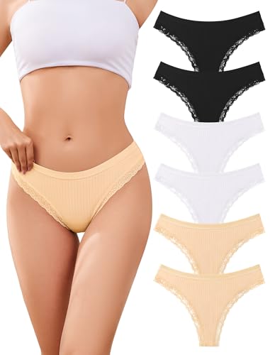 ANSUKOO String Tanga Baumwolle Damen 6 Pack Set,Unterhosen Damen Spitze Mehrpack,Lace Slips Unterwäsche Cotton Frauen,Sport Unterhose Underwear,Panties Bequeme Damen,Women Thongs,Brazilian Slips