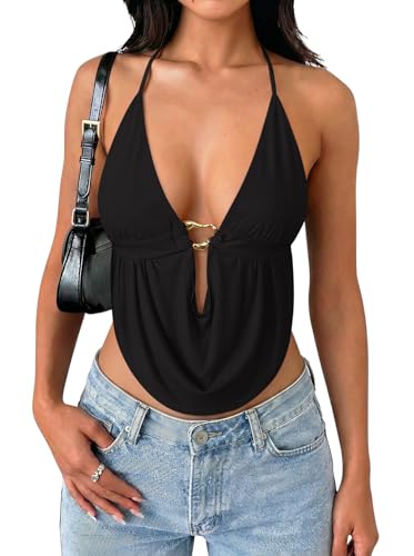 PINKMSTYLE Women Sexy Going Out Halter Top Y2K Club Open Back Double Lined Tops Date Night Outfits Black Large