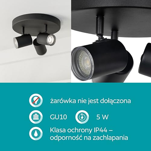 EGLO 3-punktowa lampa sufitowa Consuma 1, okrągły reflektor sufitowy do salonu i łazienki oprawa podsufitowa zami stal w kolorze czarnym oprawka GU10 IP44