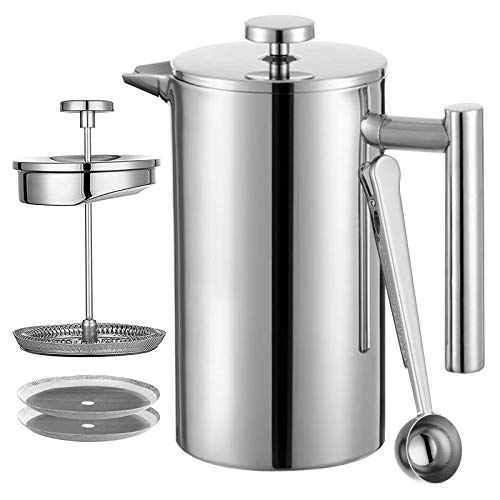 Meelioコーヒープレス フレンチプレス コーヒーメーカー カフェプレス 真空断熱 手動式 ティーポット ステンレス製 防錆 軽量 分解洗浄 家庭用 350ml 銀