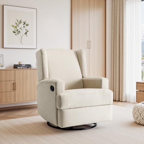 Image of Swivel Rocker Recliner Chair, 360 Swivel Wingback Recliner Chairs for Adults, Upholstered Glider Rocking Chair with High Back, Deep Seat for Living Romm Bedroom, Cotton Linen, Beach