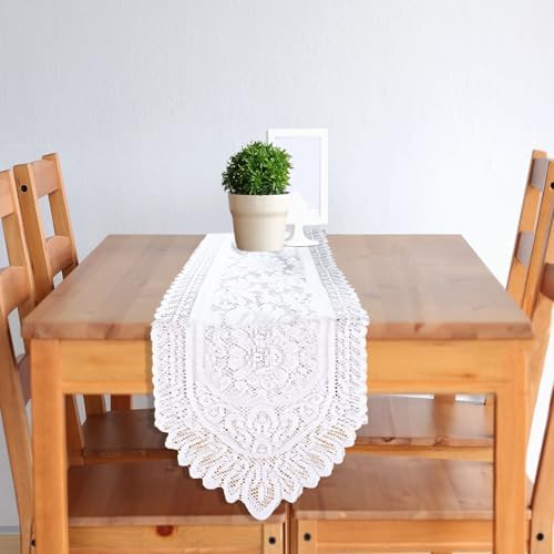 Tinsow 2 Pack Cotton Crochet Lace Rectangular Table Runner Dresser Scarf Doilies (White Without Tassels)