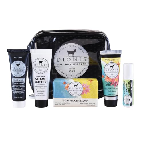 Image of Dionis Goat Milk Body Travel Kit, Water Flowers & Sea Salt, 6 Pack | TSA Approved, Hand Cream, Foot Cream, Lip Balm, Shave Butter, Bar Soap & Carrying Case