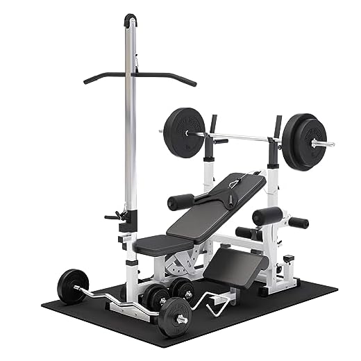 GORILLA SPORTS® Kraftstation - Hantelbank mit verstellbare Hantelablage, Latzugturm, Butterfly, Curlpult, Beincurler und 100 kg Hantelset - Trainingsbank, Fitnessstation, Trainingsstation