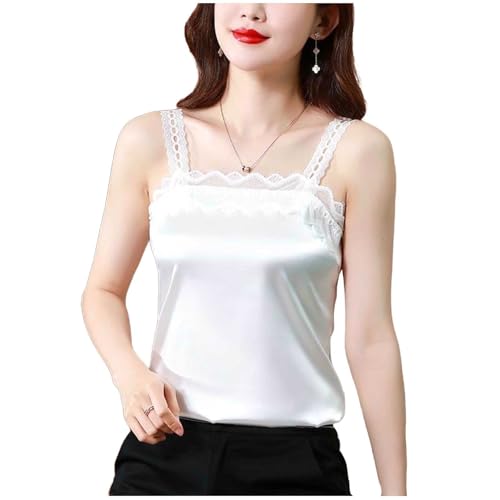 Tank Tops Women Sexy Women's Silk Vest Lace Satin Sleeveless Top Lace Trim Neck Design Cami Tank Camisole Retro Square Neck Elegant Business Party Tank Top Shirt Office Party White