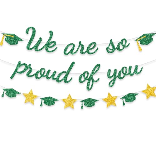 Image of We Are So Proud Of You Banner Graduation Party Decorations Glitter Congratulations Class Grad Ideas Green Gold