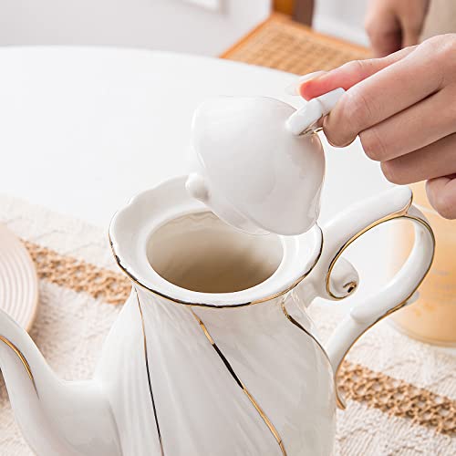 Agyiuns tea pot ceramic with lid, 38.8 Oz for Tea, Milk, Coffee, Flower tea(White with gold thread) by Agyiuns - Image 5