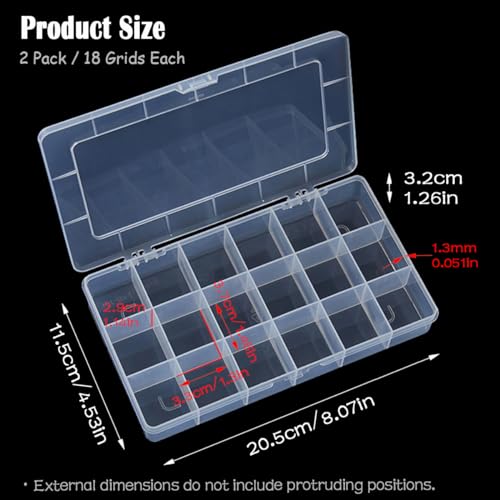 Image of 2PCS 18 Grids Transparent Beads Storage Containers Box, Rectangle Clear Craft Supply Case for Small Items and Other Craft Projects, Bead Rings Jewelry Display Organizer