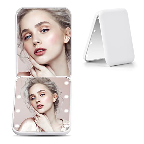 Focenat Espejo de Bolsillo, Espejo de Maquillaje Portátil, Espejo de Aumento de 1X/2X, Espejo Compacto con Luz, Espejos Pequeños para Viaje, LED Portátil Plegable Espejo Cosmético (Blanco)