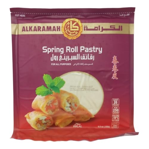 Alkaramah Spring Roll Pastry Sheets, 250G (8.8Oz), 20 Count, Gmo-Free & Halal, Crispy Thin Dough For Frying And Baking