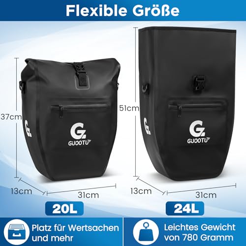 GUOOTU 2 Er Set Fahrradtasche Gepäckträger 48L,aus Tarpaulin Hinten Gepäckträgertasche mit Reflektoren, mit Tragegriff und Schultergurt (Schwarz 24L, 2er Set)