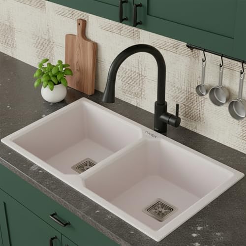 Image of EVANEX Quartz Sink for Kitchen | Double Bowl | Topmount /Undermount Kitchen Sinks | Rosa Double Sink with Connector, Waste Pipe, Coupling and Drain Basket | 37x18x9 Granite Kitchen Sinks