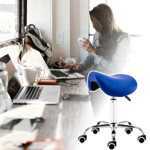 SDFVSDF Silla de Montar Taburete con Asiento Azul Tipo Silla de Montar, Silla con Ruedas, Elegante Silla Ergonómica de Salón con Ruedas, Silla de Montar para Esteticista/Higienista Dental Profesional