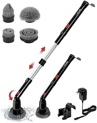 VacLife Cordless Electric Spin Scrubber - Shower Scrubber for Cleaning, Tub Scrubber Coming with 4 Replaceable Brush Heads, Adjustable Electric Cleaning Brush with Long Handle, Black (VL703)