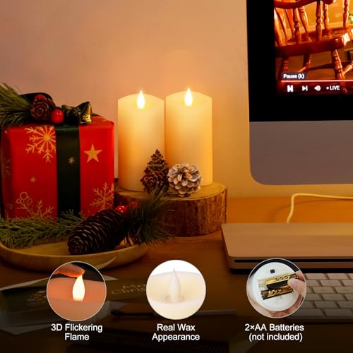 Image of 2PCS, 3 x 6 inches Flameless Candle with Remote Control, 3D Flickering Wick, Real Wax, Battery Candles,with Timer,Battery Powered Candles,for Holiday Home Decor,Ivory