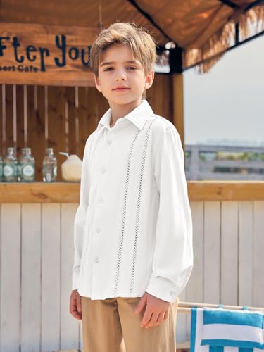 Haloumoning Boys Cuban Guayabera Shirt Kids Fashion Button Down Long Sleeve Shirts 5-14 Years3