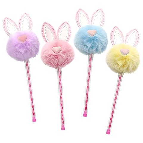 Fluffy Fur Pom Pom Pens, Bunny Kawaii School Supplies Pens, Cute Cartoon Gel Ink Pens Boys Girls Fun Pens for Writing, Gifts for Children and Teachers, Black Refill 0.5mm (4pcs) Cover