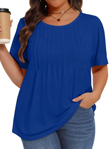 Image of Plus Size Tops for Women Pleated Summer Top Trendy Short Sleeve Shirts Casual Basic Tee Crew Neck Blouses 2026
