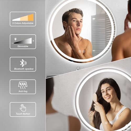 Dripex 600 mm Bluetooth Round LED Bathroom Mirror, Illuminated Circle Bathroom LED Mirror with Speaker, Anti-fog, Wall Mounted, 3 Lighting Modes, Dimmable, Front+Backlit, IP44 - Image 4