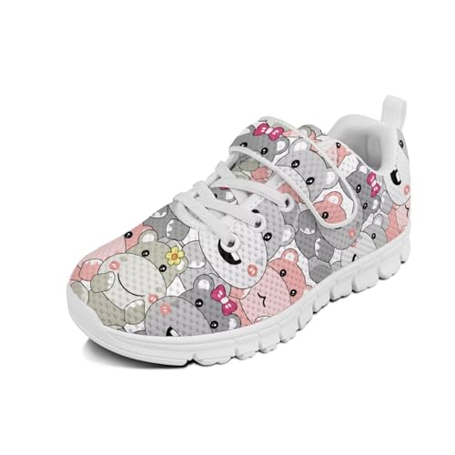 Little Kid Tennis Shoes Slip On Boys Girls Sneakers Casual Running Shoes Woven Breathable with Soft Soled Sports Hook-Loop Outdoor Shoes Cartoon Hippo Pattern（White Sole）