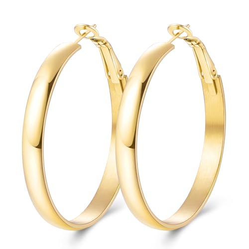Jewlpire 14K Gold Plated 925 Sterling Sliver Post Hoop Earrings, 4MM/5MM Thick Non Tarnish Lightweight Hoop Earrings for Women Trendy 20/30/40/50/60/70mm