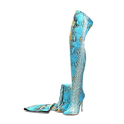 Xin Hai Yuan Übergröße 34-45 Damen Overknee Stiefel Sexy Spitze Zehen Schlangenhautstiefel High Heels Party Ladeis Schuhe Fashion,6US 36EU Blau Cover