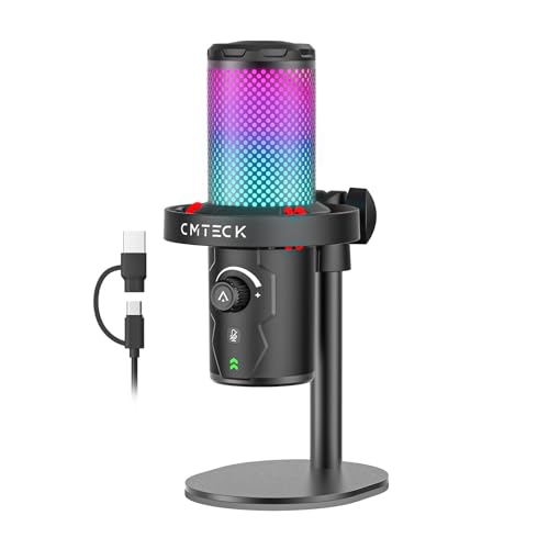 CMTECK USB Microphone for PC Gaming, Condenser Gaming Microphone with Quick Mute, RGB Indicator, Plug and Play, Desk Podcast Mic for Recording, YouTube, Streaming, Compatible with PS4/5/PC (Black)