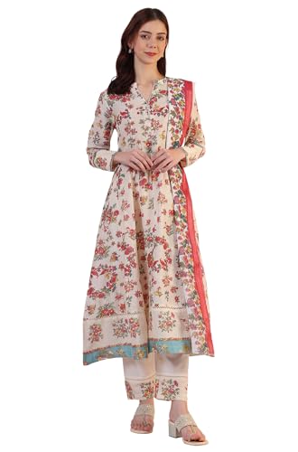 Image of W for Woman Reef Blue Floral Printed Modal Straight Kurta, Pants and Dupatta Set