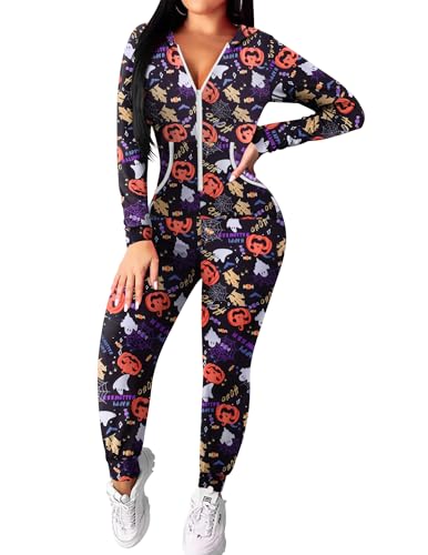 Ekouaer Christmas Onesie for Women Hooded Jumpsuit Long Sleeve Zip Up One Piece Pajamas Novelty Sleepwear
