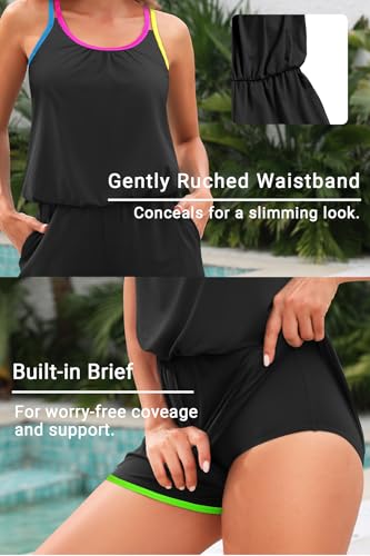 Image of Tempt Me Women Romper One Piece Swimsuits with Short | with Pockets, Modest, Removable cups, Boyleg, Full coverage