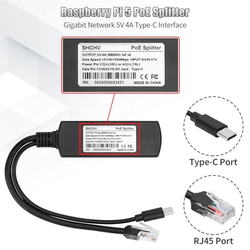 Gigabit Poe Splitter 5V 4A Type-C, Power Over Ethernet Adapter for Raspberry Pi 5, Power Supply Exchanger,IEEE 802.3af/at Compliant 10/100/1000mbps for Rpi5, IP Camera, Tablets, Dropcam and More