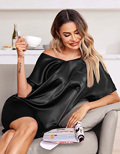 eshion Women Satin Nightgowns Short Sleeve Silk Sleepwear V Neck Boyfriend Casual Dresses with Chest Pocket S-XXL2