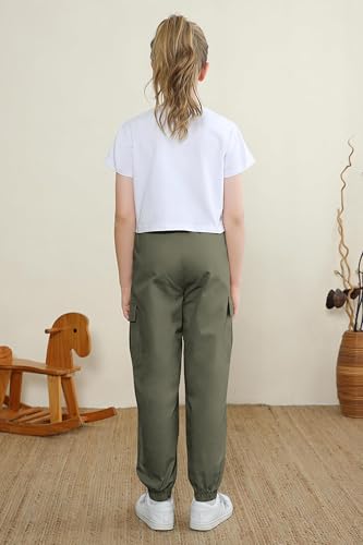 Image of SANGTREE Kids Girls 2 Piece Outfit, Crop Top T-Shirts and Cargo Pants Tracksuits Set, White Army Green, 13-14 Years = Tag 170