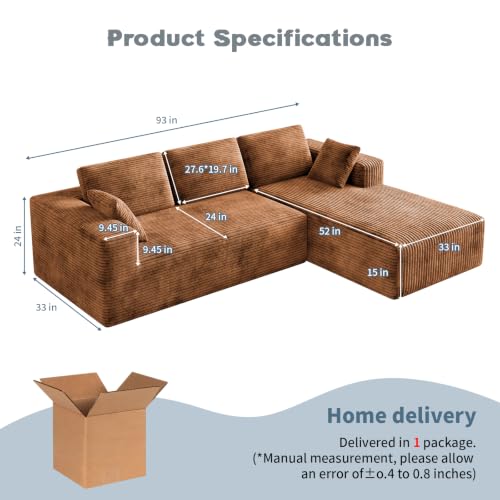 Image of 93 inch L-Shaped Modular Sectional Sofa with Chaise, Boneless Corduroy Cloud Couch with Deep Seat and Oversized Comfort, Flexible Module Combination for Living Room, No Assembly Required