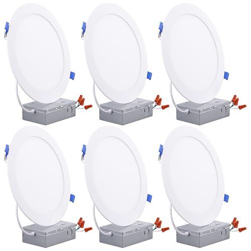 TORCHSTAR Ultra-Thin 8 Inch LED Recessed Light with Junction Box, CRI90 5%-100% Dimmable Aluminum Recessed Downlight, ETL & ES, 5000K Daylight, 18W Slim Recessed Lighting, Pack of 6