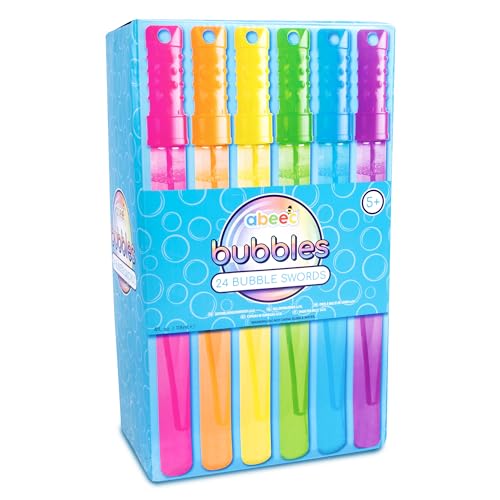 abeec 24 Pack Bubble Swords for Kids | Bubble Wands Multipack with Solution Included | 6 Colours 118ml Each | Outdoor Toys Garden Parties Party Bag Fillers