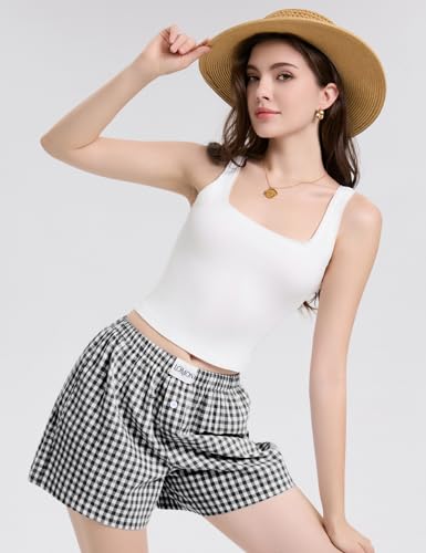 Image of LOMON Boxer Shorts for Women Summer Gingham Pajamas 2026 Lounge Sleep Pj Plaid Shorts Y2K Beach Bottoms with Pockets