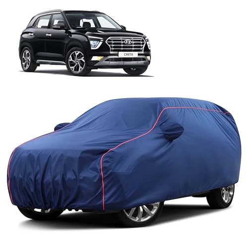 Image of Sulfar 100% Water Resistant Car Body Cover Compatible with Mirror for Hyundai Creta (Triple Stitched, Full Bottom Elastic, Blue Taffeta with Red Piping)