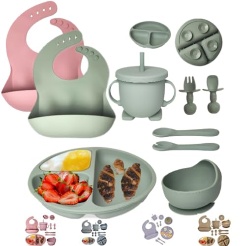 Image of Mutualproducts - Baby Feeding Set 10-Piece | Baby Led Weaning Utensils Set Includes Suction Bowl and Plate, Baby Spoon and Fork, Sippy Cup, Straw, Lid & 2Bibs | Baby Feeding Supplies (Army Green)