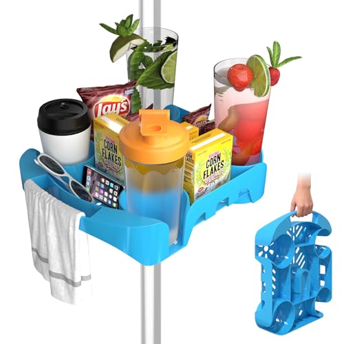 16 Beach Umbrella Table Tray Upgraded Side Mount Umbrella Tray Table with 4 Large Cup Holders 5 Snack Compartments for Beach Patio Garden Swimming Pool Universal for Round & Square Umbrella Poles