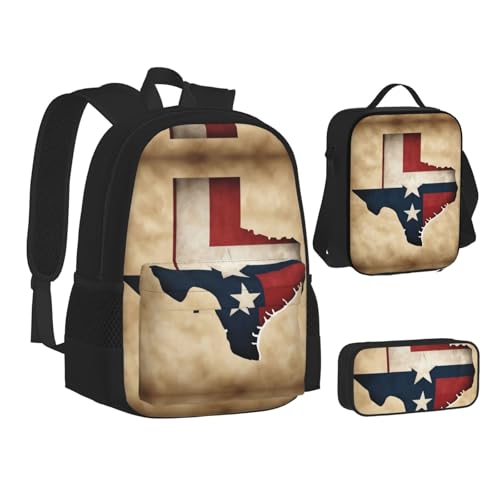 nanger Texas State Flag Map With Two White Stars Print 3-Piece Set Backpack, Lunch Bag And Pencil Case, For Travel, College, And Daily Use2
