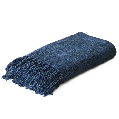 Yoenillo Navy Chenille Throw Blanket for Couch Bed,Soft Cozy Throw Blanket with Handmade Fringe, Decorative Blanket for Sofa Chair Living Room for Gift,Navy 50" x 60"