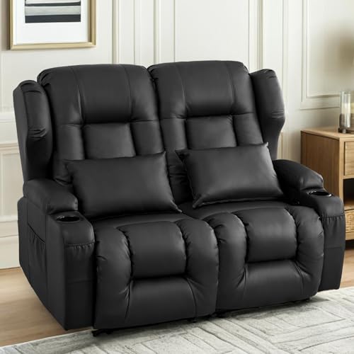 Image of Loveseat Recliner Sofa,RV Wall Hugger Recliners for Small Spaces,Reclining Loveseat Sofa Recliner with Cup Holders /Lumbar Pillows,RV Furniture (Black, 56 inch 2-Seater)