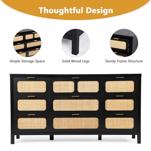 LEVNARY 9 Drawer Dresser for Bedroom, Black Rattan Dresser with 9 Storage Drawers, Wooden Large 58\" Long Dresser for Closet, Entryway, Living Room (Black)