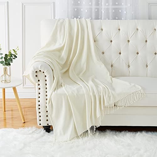 CAROMIO Chenille Throw Blanket with Tassels, Soft Cozy Sofa Chair Couch Bedroom Luxury Chenille Knitted Sofa/Bed Throw Blanket Bed Throw Blanket 127cm x 152cm (50" x 60") Cream