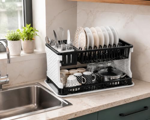 Image of JD FRESH 2 Tier Dish Drying Rack for Kitchen /Plastic Foldable Cutlery Holder for Countertop Rack /Compact Size Utensil Drainer Organizer with Water Tray /Space Saving Plate Stand (Black)